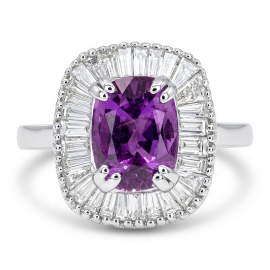 14K 1.77ct Cushion Unheated Purple Sapphire 0.73cttw White Diamonds Ring