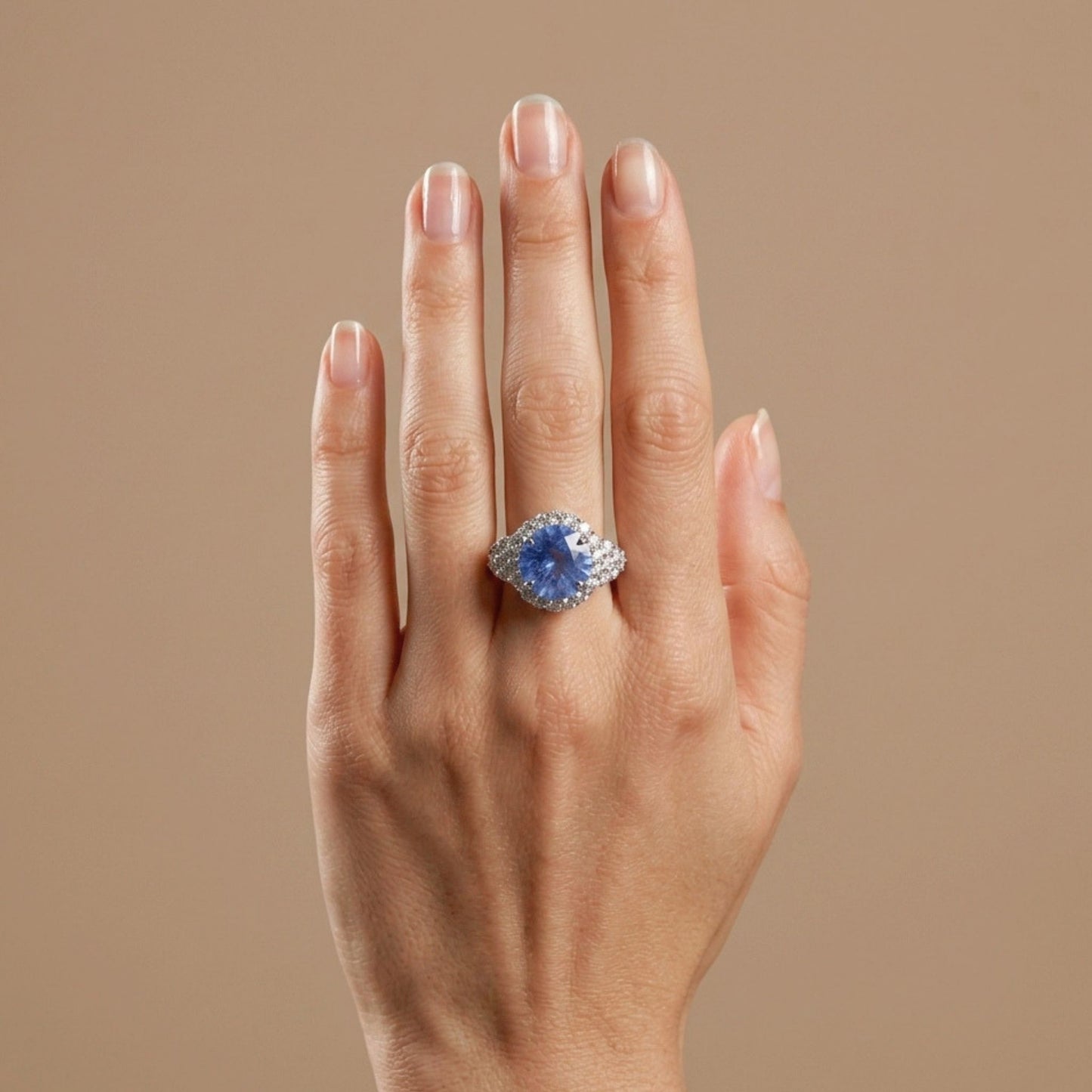 14K 4.50ct Round Unheated Light Cornflower Blue Sapphire 1.32cttw VS White Diamonds Ring