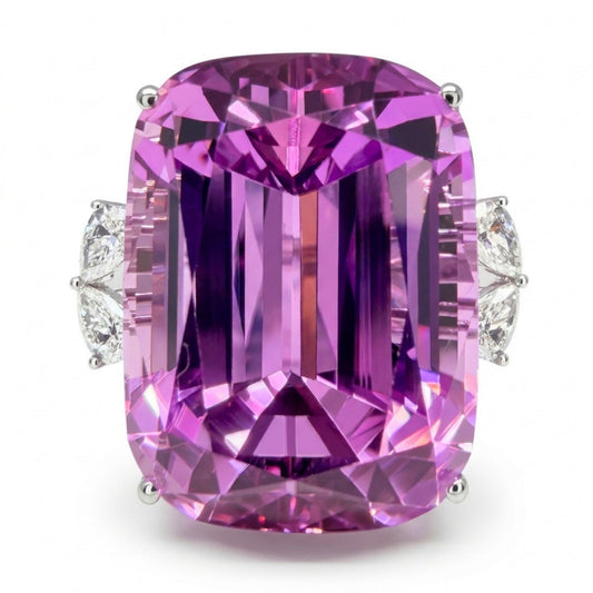 14K 52.72ct Cushion Kunzite 0.57cttw Pear Shape VS White Diamond Ring