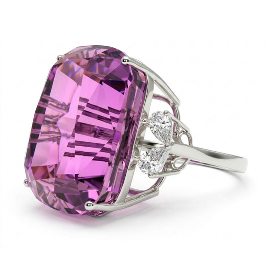 14K 52.72ct Cushion Kunzite 0.57cttw Pear Shape VS White Diamond Ring