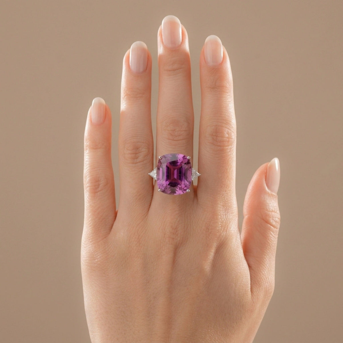14K gold ring with pear shape kunzite and trilliant VS white diamonds
