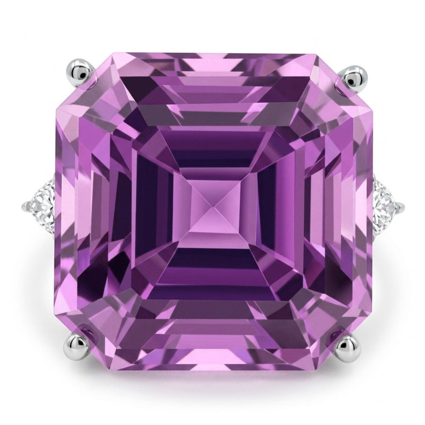 14K 21.45ct Asscher Cut Kunzite 0.37cttw Trilliant VS White Diamond Ring