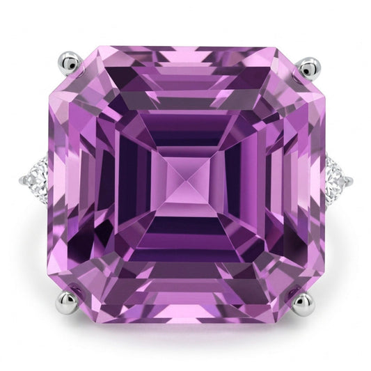 14K 21.45ct Asscher Cut Kunzite 0.37cttw Trilliant VS White Diamond Ring