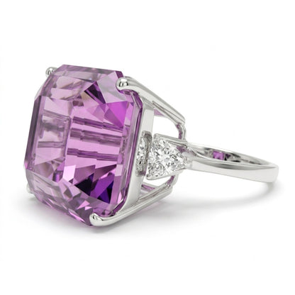 14K 21.45ct Asscher Cut Kunzite 0.37cttw Trilliant VS White Diamond Ring