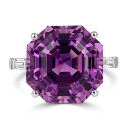 14K 19.58cttw Asscher Cut Kunzite 0.25cttw Baguette VS White Diamond Ring