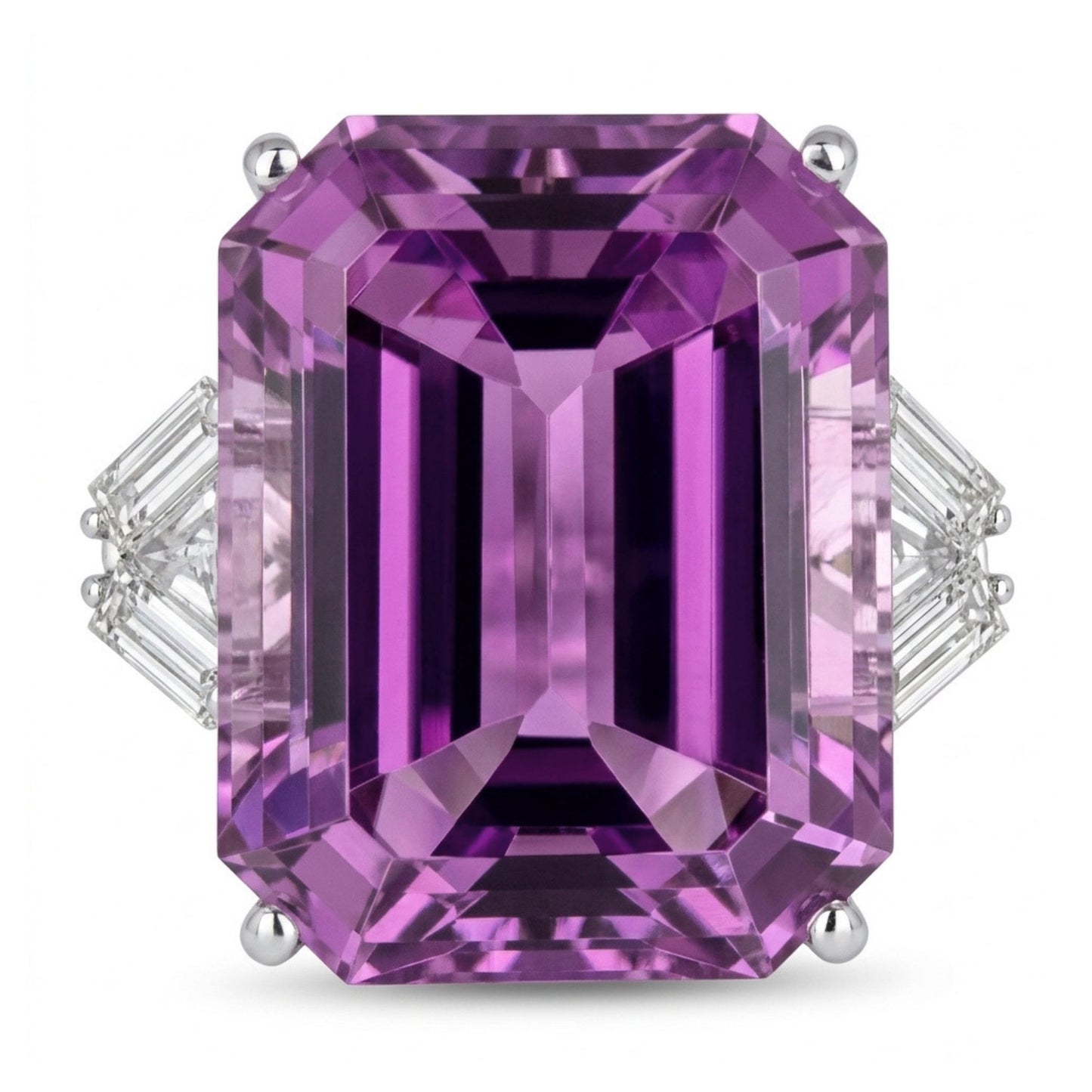 14K 22.25ct Emerald Cut Kunzite 0.37cttw Baguette VS White Diamond Ring