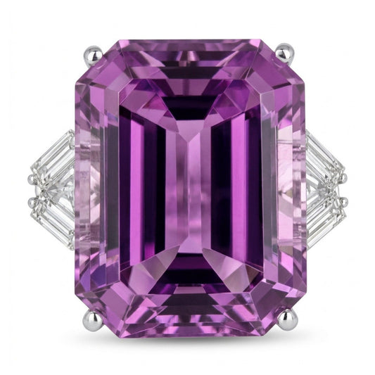 14K 22.25ct Emerald Cut Kunzite 0.37cttw Baguette VS White Diamond Ring