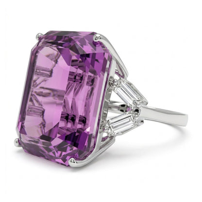 14K 22.25ct Emerald Cut Kunzite 0.37cttw Baguette VS White Diamond Ring