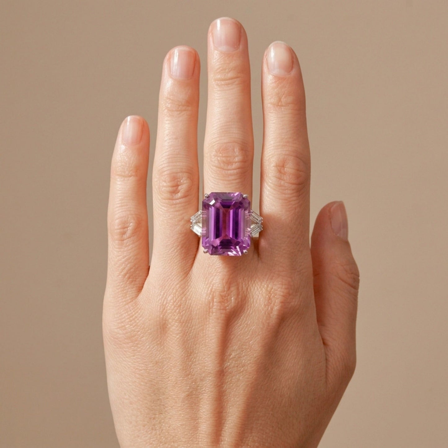 14K 22.25ct Emerald Cut Kunzite 0.37cttw Baguette VS White Diamond Ring