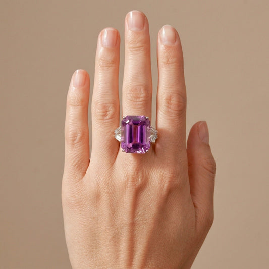 14K 22.25ct Emerald Cut Kunzite 0.37cttw Baguette VS White Diamond Ring