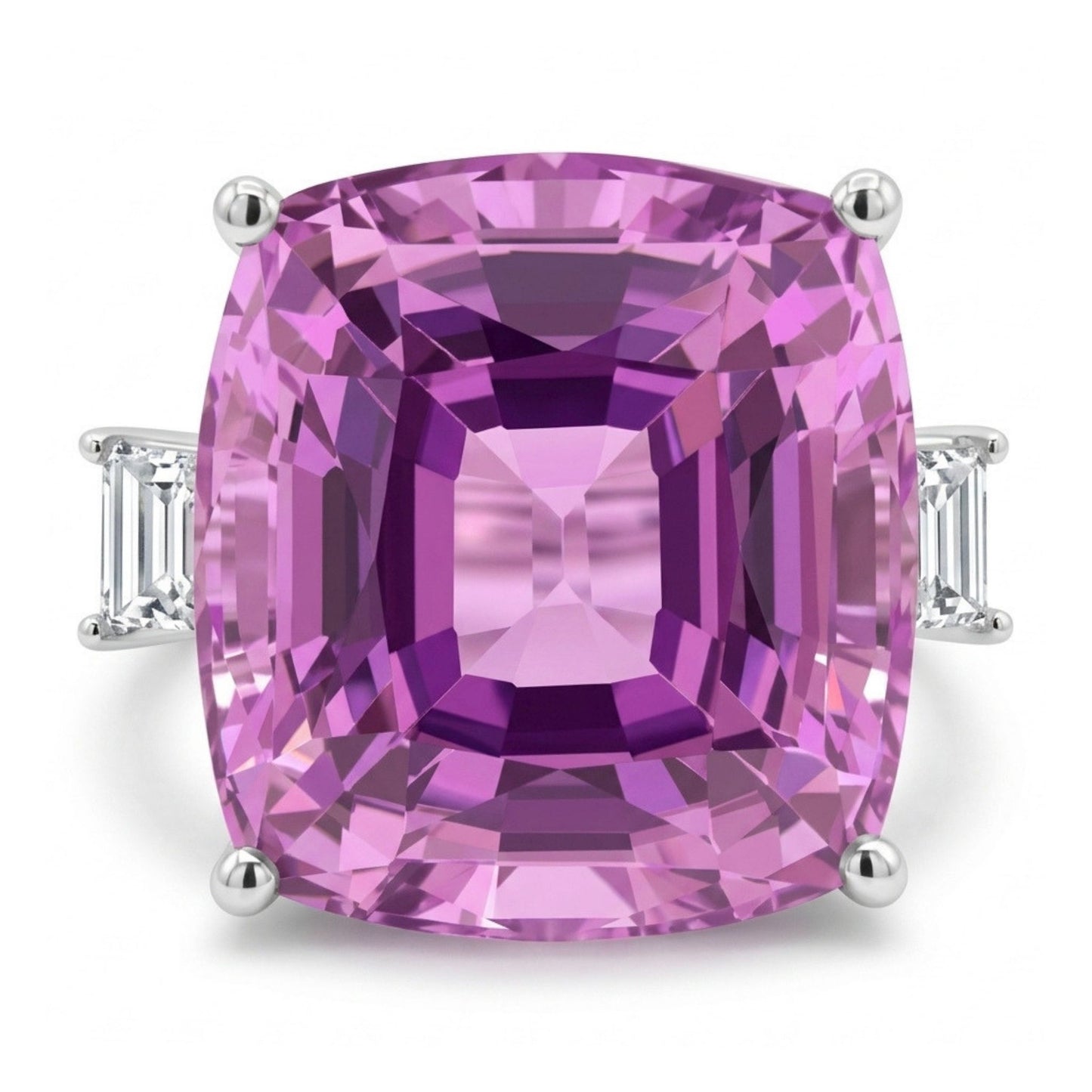 14K 13.49ct Cushion Kunzite 0.34cttw Baguette VS White Diamond Ring
