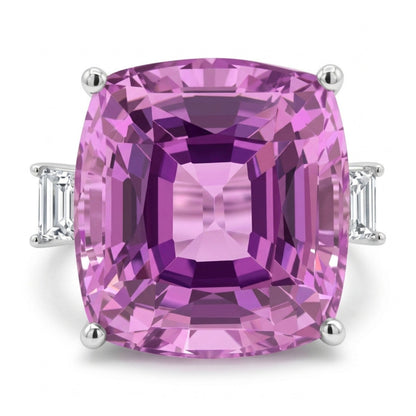 14K 13.49ct Cushion Kunzite 0.34cttw Baguette VS White Diamond Ring