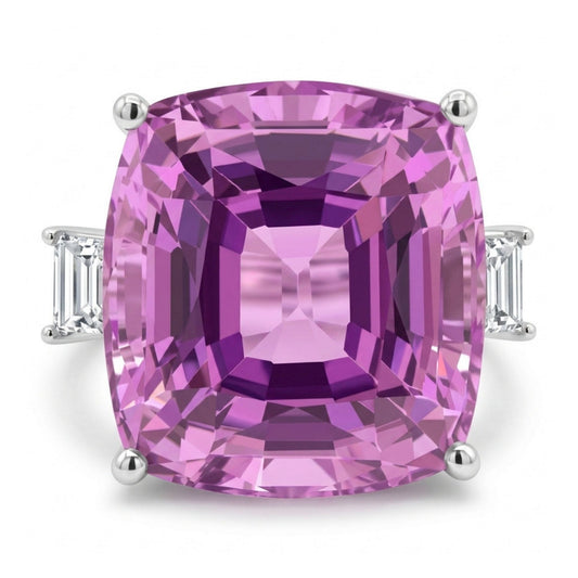 14K 13.49ct Cushion Kunzite 0.34cttw Baguette VS White Diamond Ring