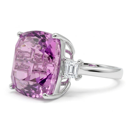 14K 13.49ct Cushion Kunzite 0.34cttw Baguette VS White Diamond Ring