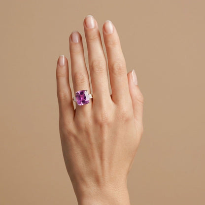 14K 13.49ct Cushion Kunzite 0.34cttw Baguette VS White Diamond Ring