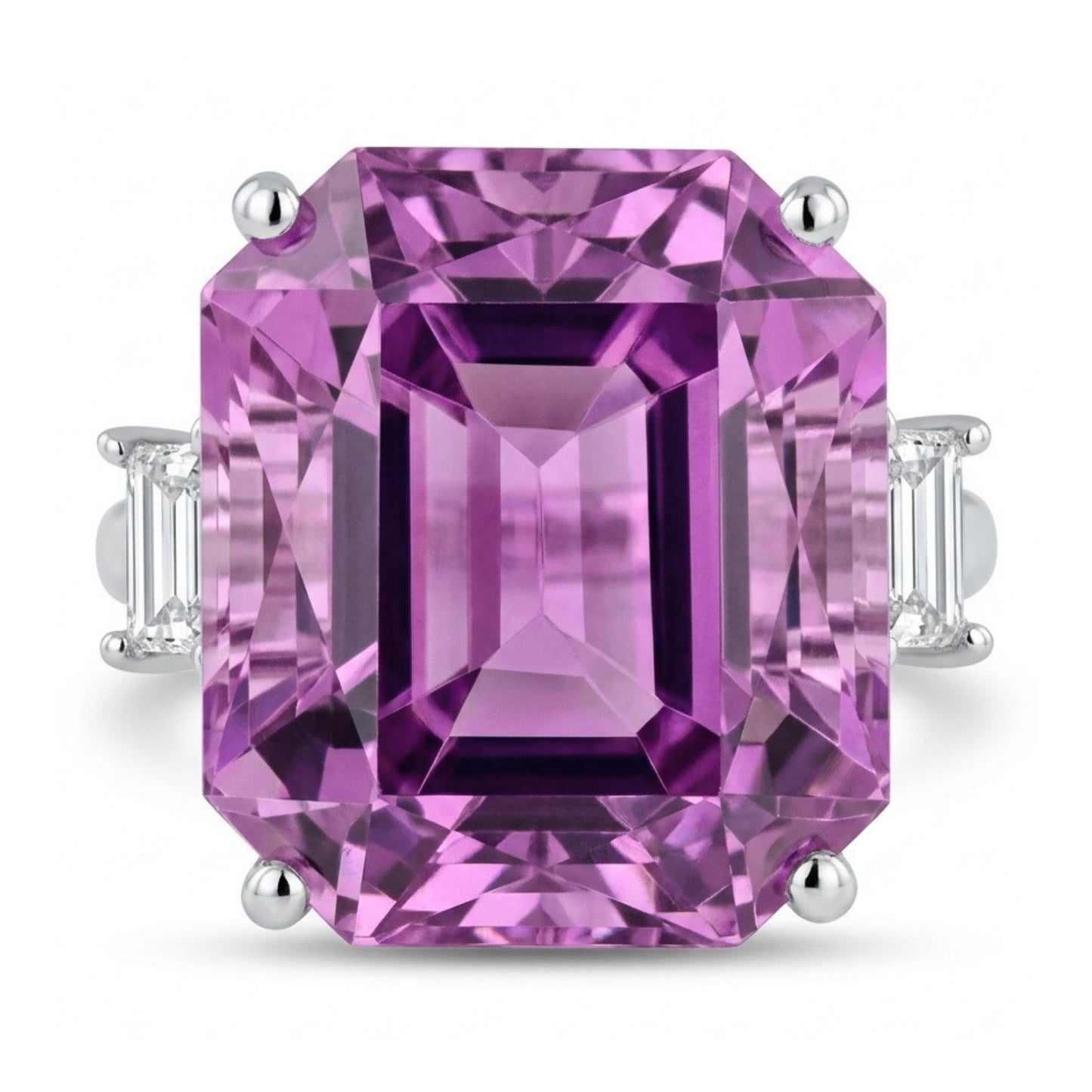 14K 13.57ct Emerald Cut Kunzite 0.18cttw Baguette VS White Diamond Ring