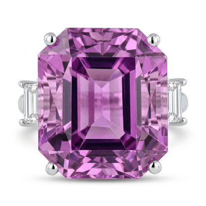 14K 13.57ct Emerald Cut Kunzite 0.18cttw Baguette VS White Diamond Ring