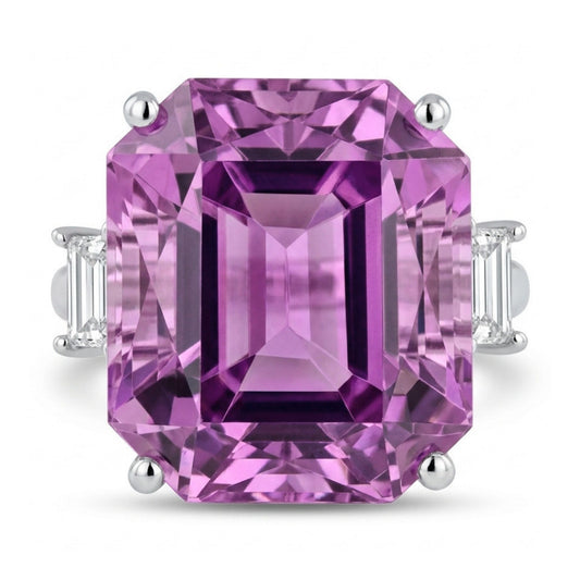 14K 13.57ct Emerald Cut Kunzite 0.18cttw Baguette VS White Diamond Ring
