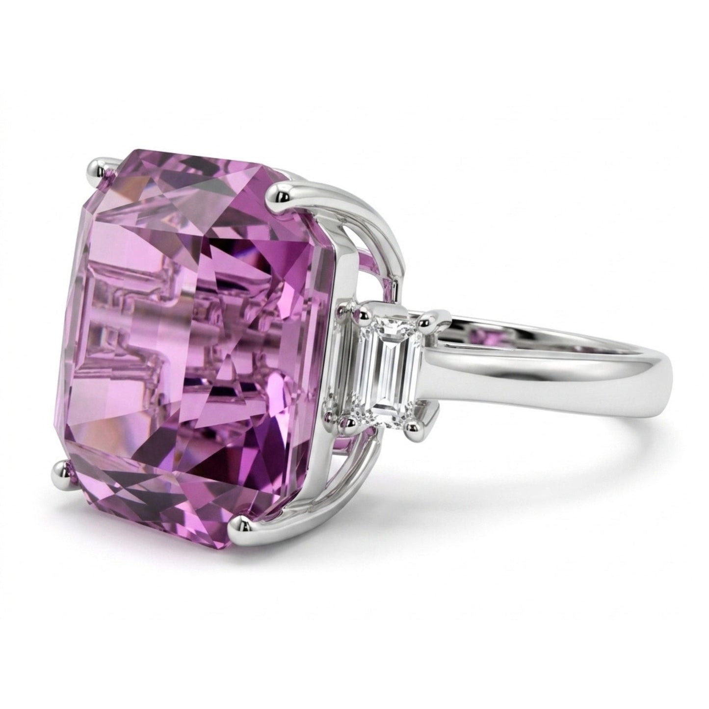 14K 13.57ct Emerald Cut Kunzite 0.18cttw Baguette VS White Diamond Ring