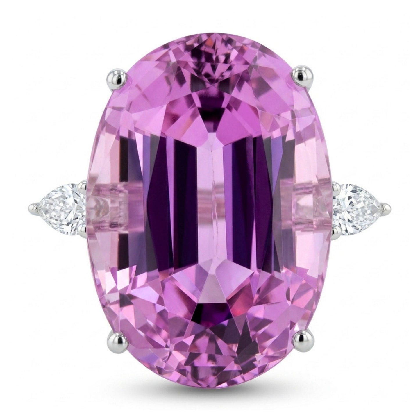 14K 16.69ct Oval Kunzite 0.28cttw Pear Shape VS White Diamond Ring