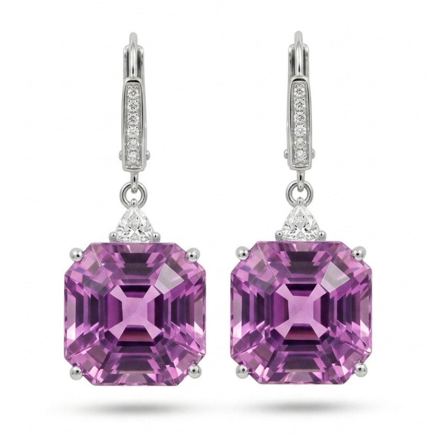 14K 30.84cttw Asscher Cut Kunzite 0.39cttw VS White Diamonds Drop Earrings