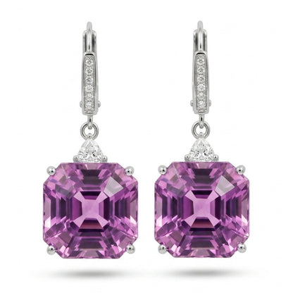 14K 30.84cttw Asscher Cut Kunzite 0.39cttw VS White Diamonds Drop Earrings