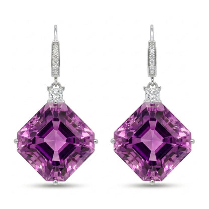 14K 49.64cttw Asscher Cut Kunzite 0.71cttw VS White Diamonds Drop Earrings