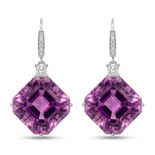14K 49.64cttw Asscher Cut Kunzite 0.71cttw VS White Diamonds Drop Earrings