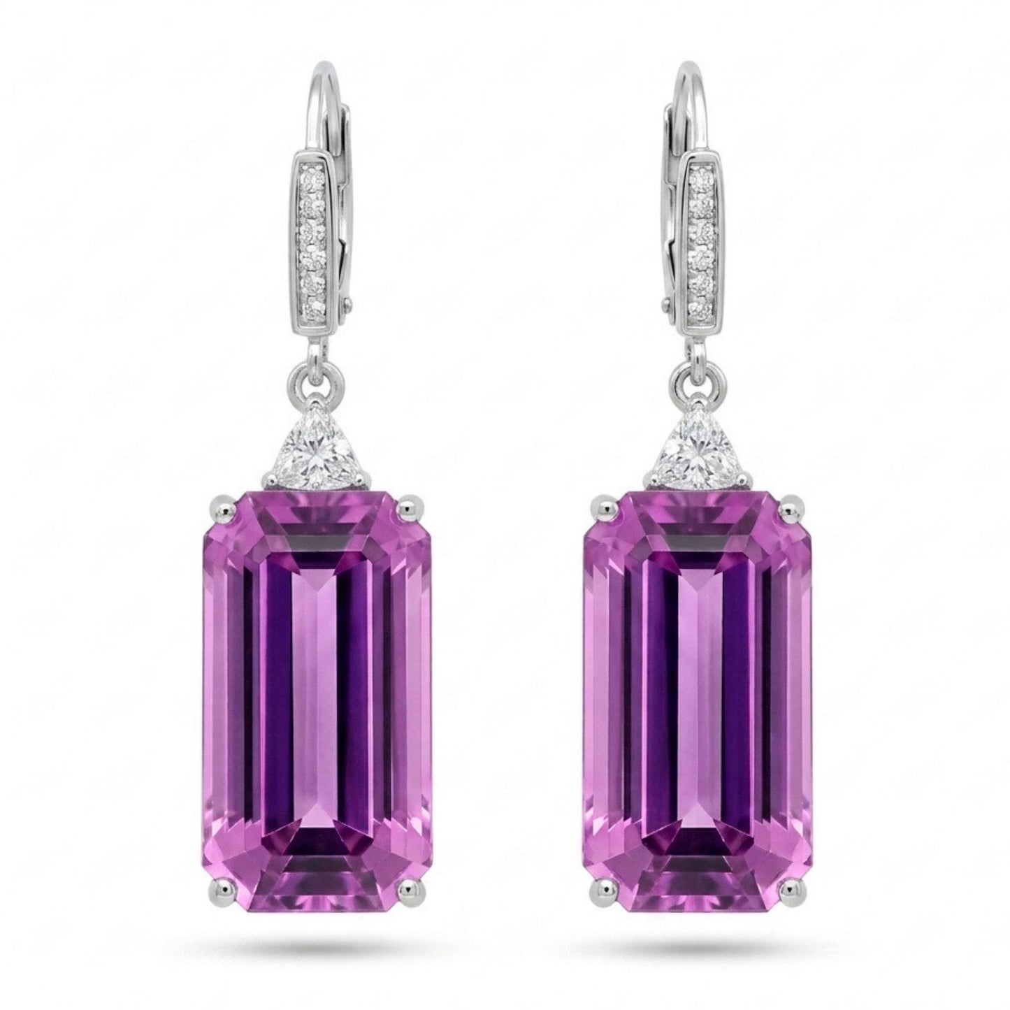 14K 38.04cttw Emerald Cut Kunzite 0.51cttw VS White Diamonds Drop Earrings