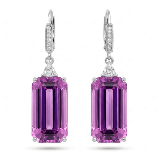 14K 38.04cttw Emerald Cut Kunzite 0.51cttw VS White Diamonds Drop Earrings