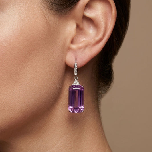 14K 38.04cttw Emerald Cut Kunzite 0.51cttw VS White Diamonds Drop Earrings