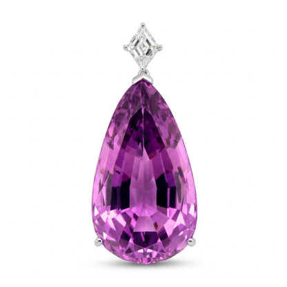 14K 38.65ct Pear Shape Kunzite 0.49ct Kite Cut VS White Diamond Pendant