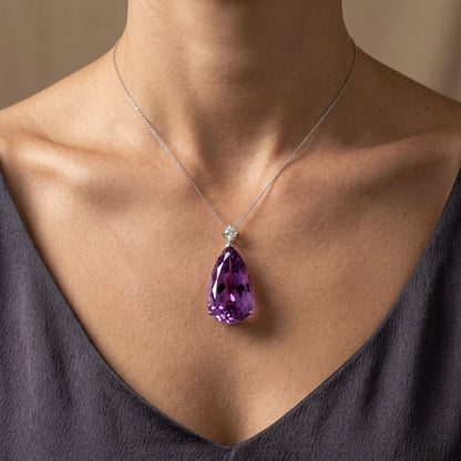 14K 38.65ct Pear Shape Kunzite 0.49ct Kite Cut VS White Diamond Pendant