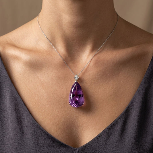 14K 38.65ct Pear Shape Kunzite 0.49ct Kite Cut VS White Diamond Pendant