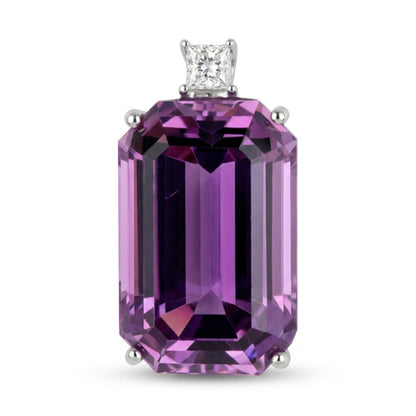 14K 27.01ct Emerald Cut Kunzite 0.35ct Princess Cut VS White Diamond Pendant
