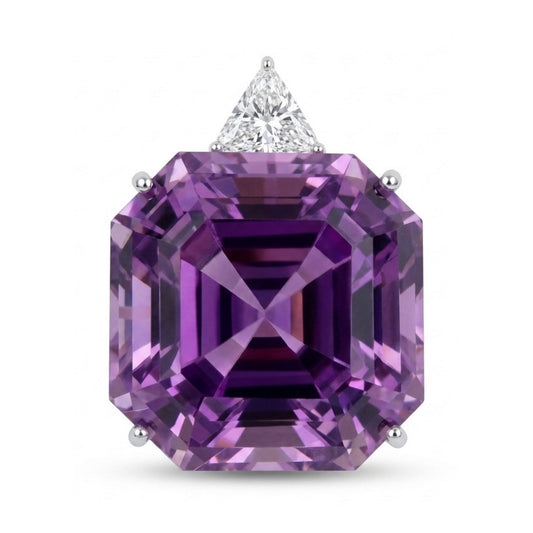 14K 45.48ct Asscher Cut Kunzite 0.49ct Trilliant VS White Diamond Pendant