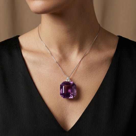 14K 45.48ct Asscher Cut Kunzite 0.49ct Trilliant VS White Diamond Pendant