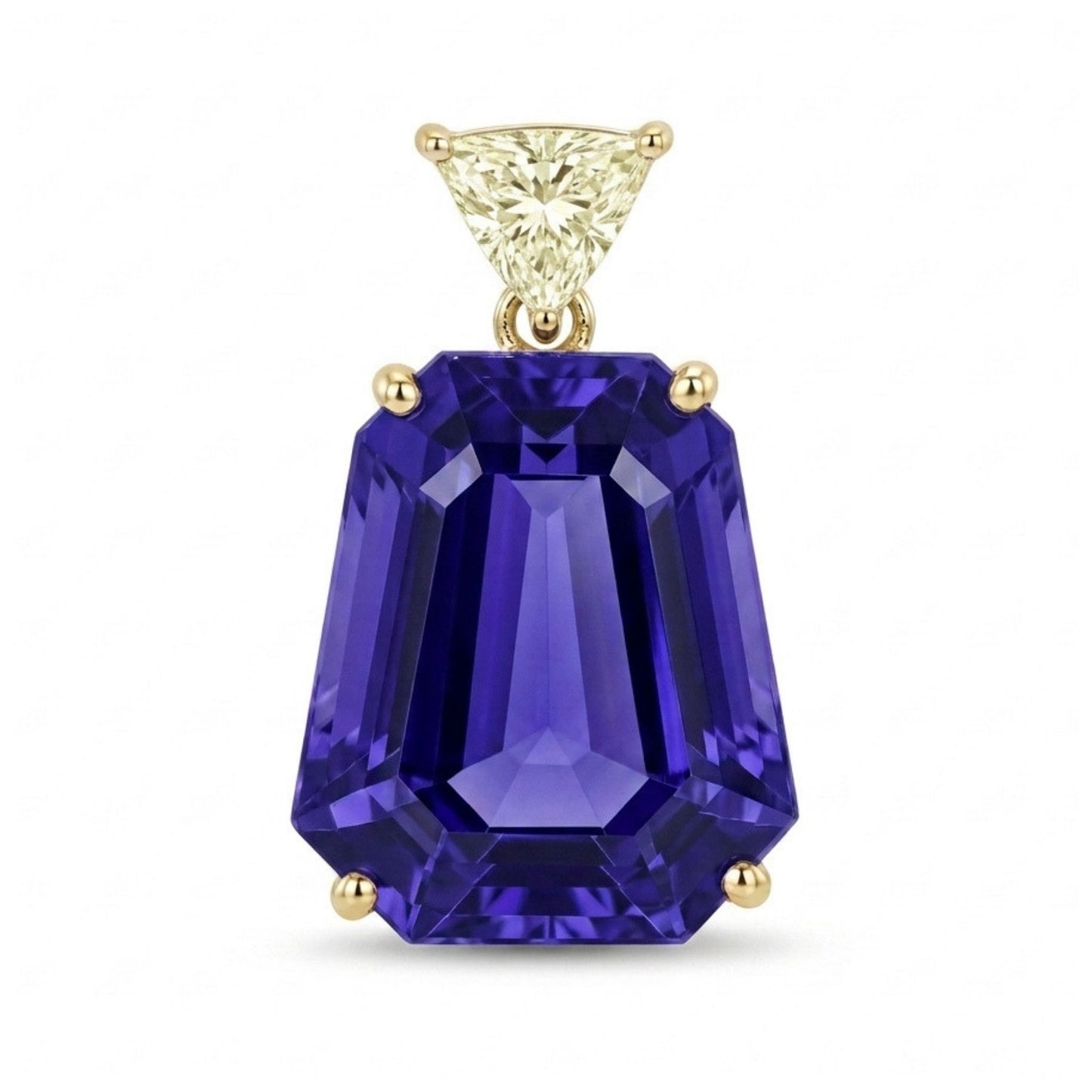 14K 13.70ct Fancy Cut Blue Wing Tanzanite 0.36cttw Trilliant VS Yellow Diamond Pendant