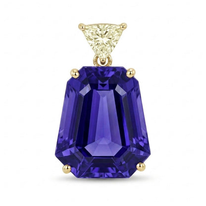 14K 13.70ct Fancy Cut Blue Wing Tanzanite 0.36cttw Trilliant VS Yellow Diamond Pendant