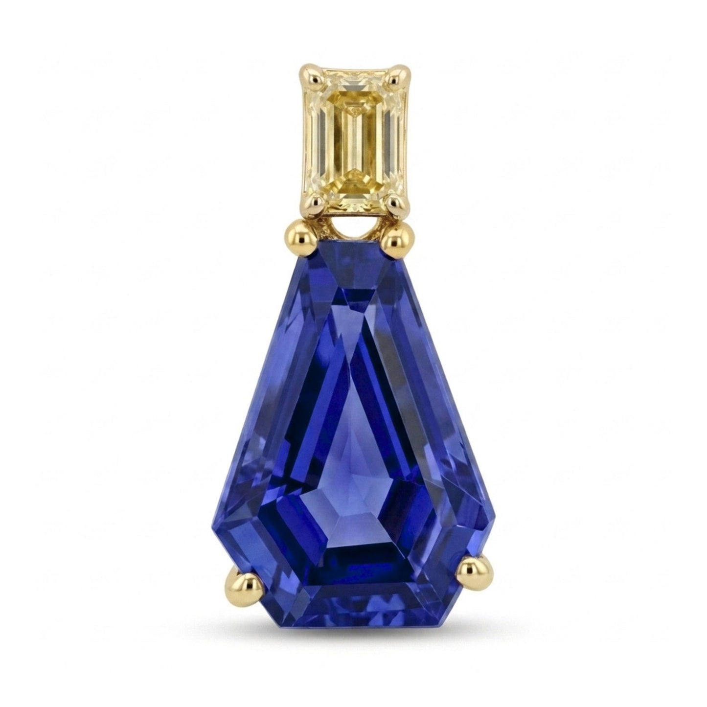 14K 4.85ct Fancy Cut Blue Wing Tanzanite 0.35ct Emerald Cut VS Yellow Diamond Pendant
