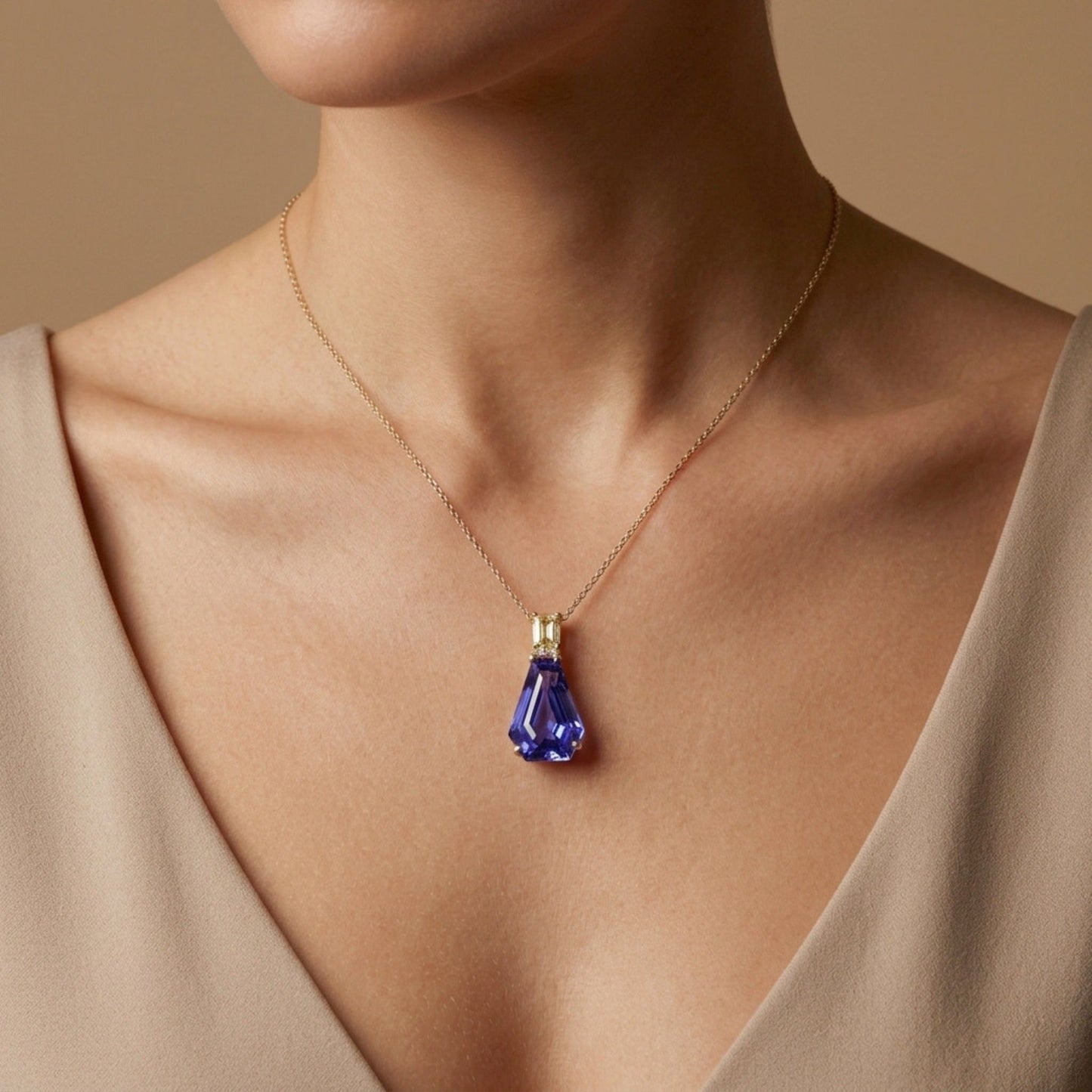 14K 4.85ct Fancy Cut Blue Wing Tanzanite 0.35ct Emerald Cut VS Yellow Diamond Pendant