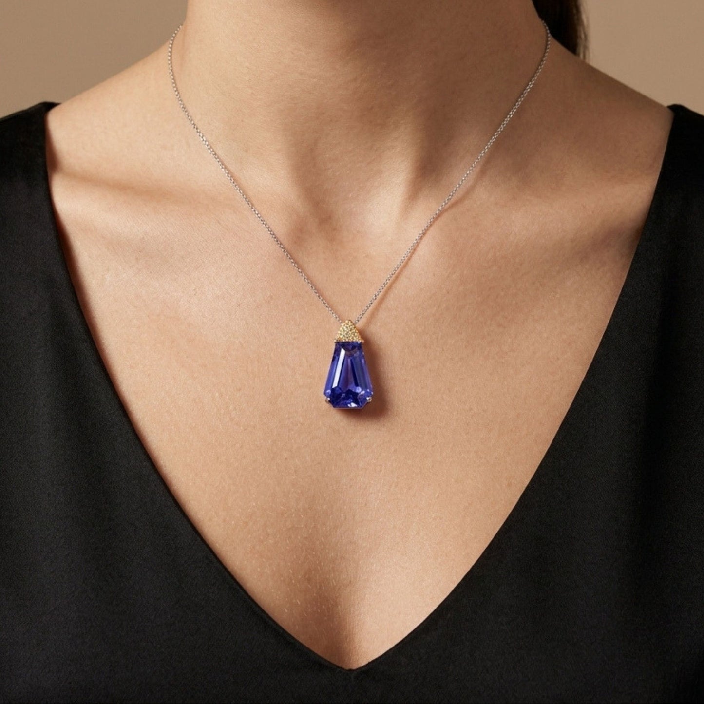 14K 5.80ct Fancy Cut Blue Wing Tanzanite 0.33cttw Trilliant VS Yellow Diamond Pendant