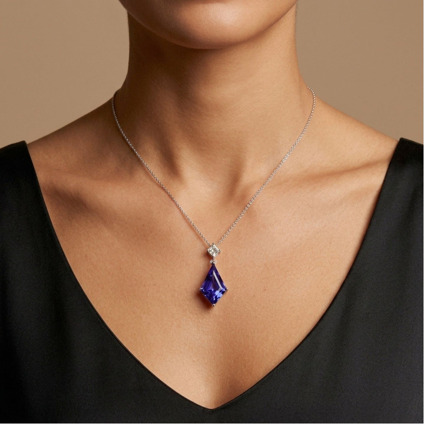 14K 3.35ct Fancy Cut Blue Wing Tanzanite 0.22ct Kite Cut VS White Diamond Pendant