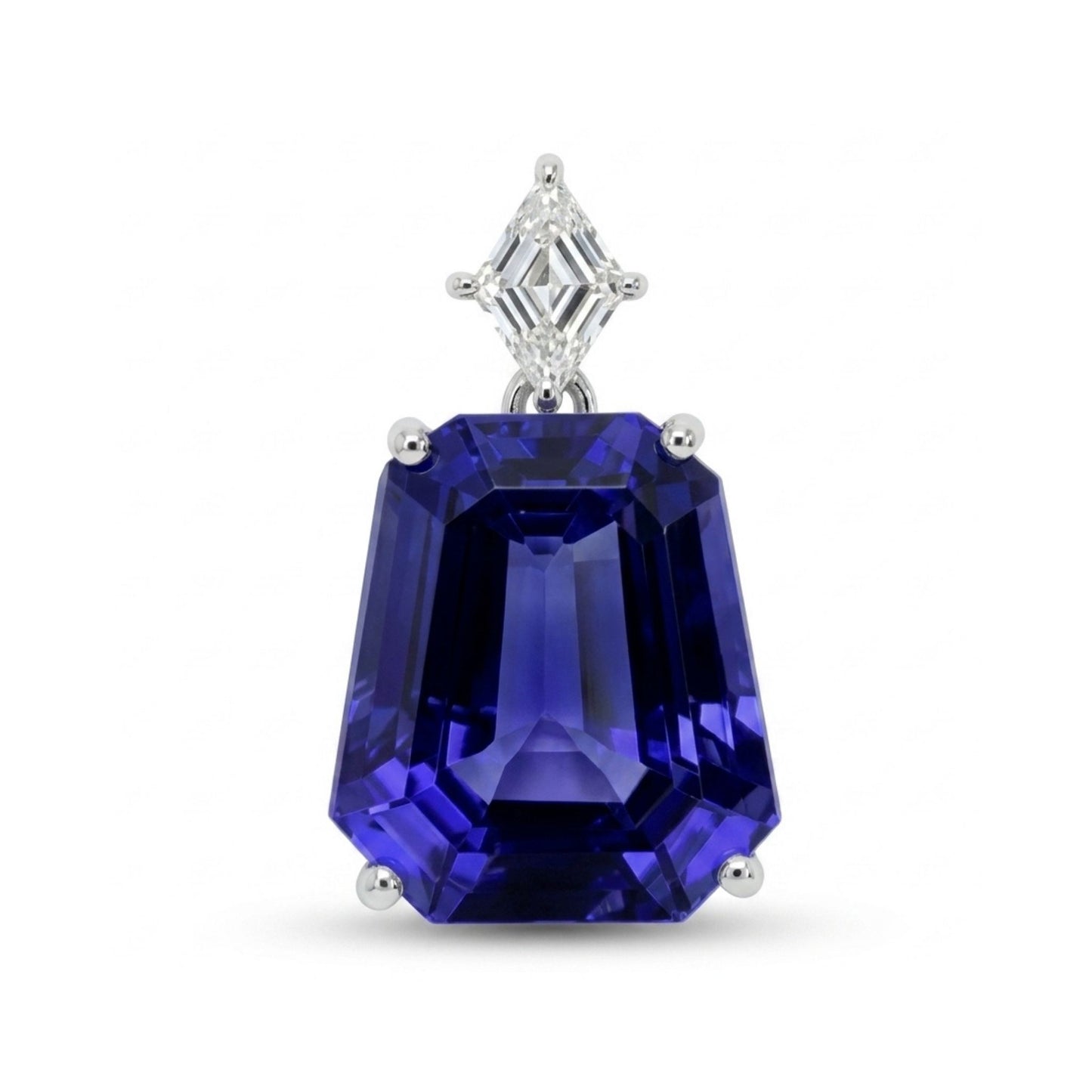 14K 11.85ct Fancy Cut Blue Wing Tanzanite 0.39ct Kite Cut VS White Diamond Pendant