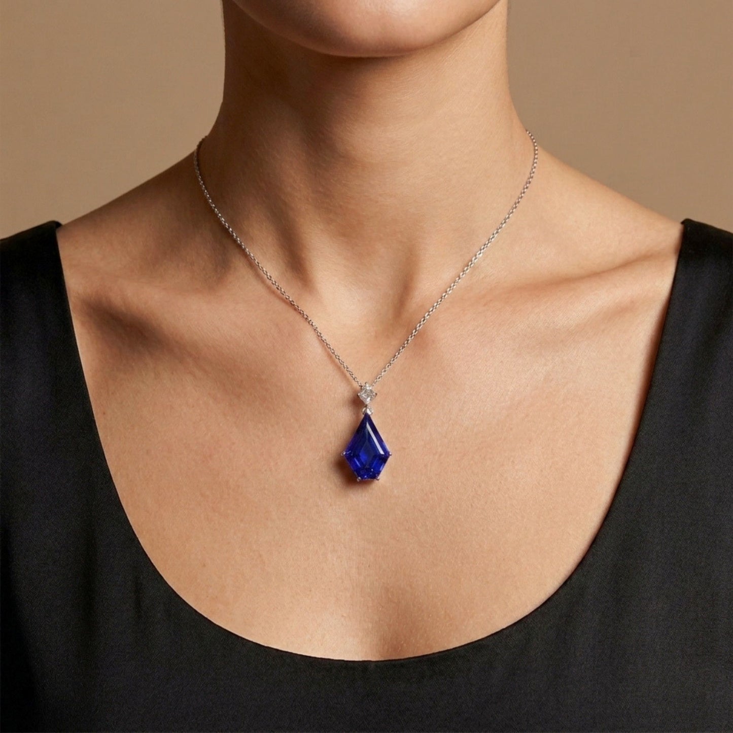 14K 6.65ct Fancy Cut Blue Wing Tanzanite 0.17ct Kite Cut VS White Diamond Pendant