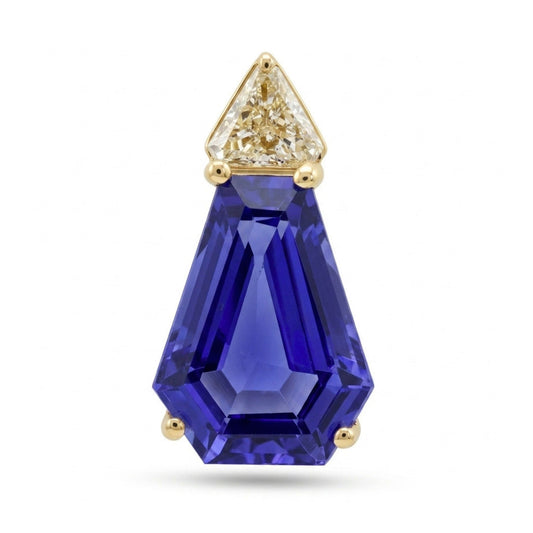 14K 3.75ct Fancy Cut Blue Wing Tanzanite 0.17ct Trilliant VS Yellow Diamond Pendant