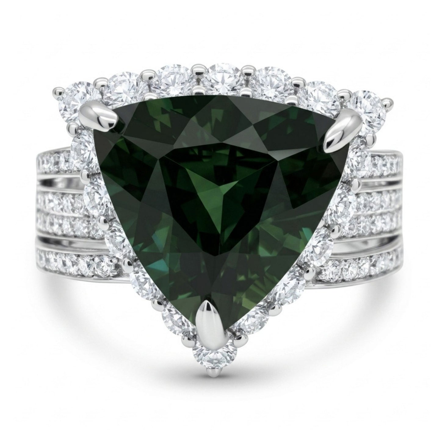 14K 4.80ct Trilliant Unheated Green Sapphire 1.16cttw VS White Diamonds Ring