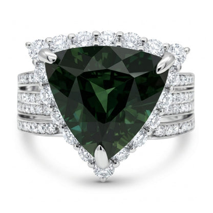 14K 4.80ct Trilliant Unheated Green Sapphire 1.16cttw VS White Diamonds Ring