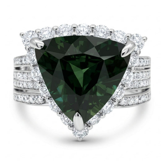 14K 4.80ct Trilliant Unheated Green Sapphire 1.16cttw VS White Diamonds Ring