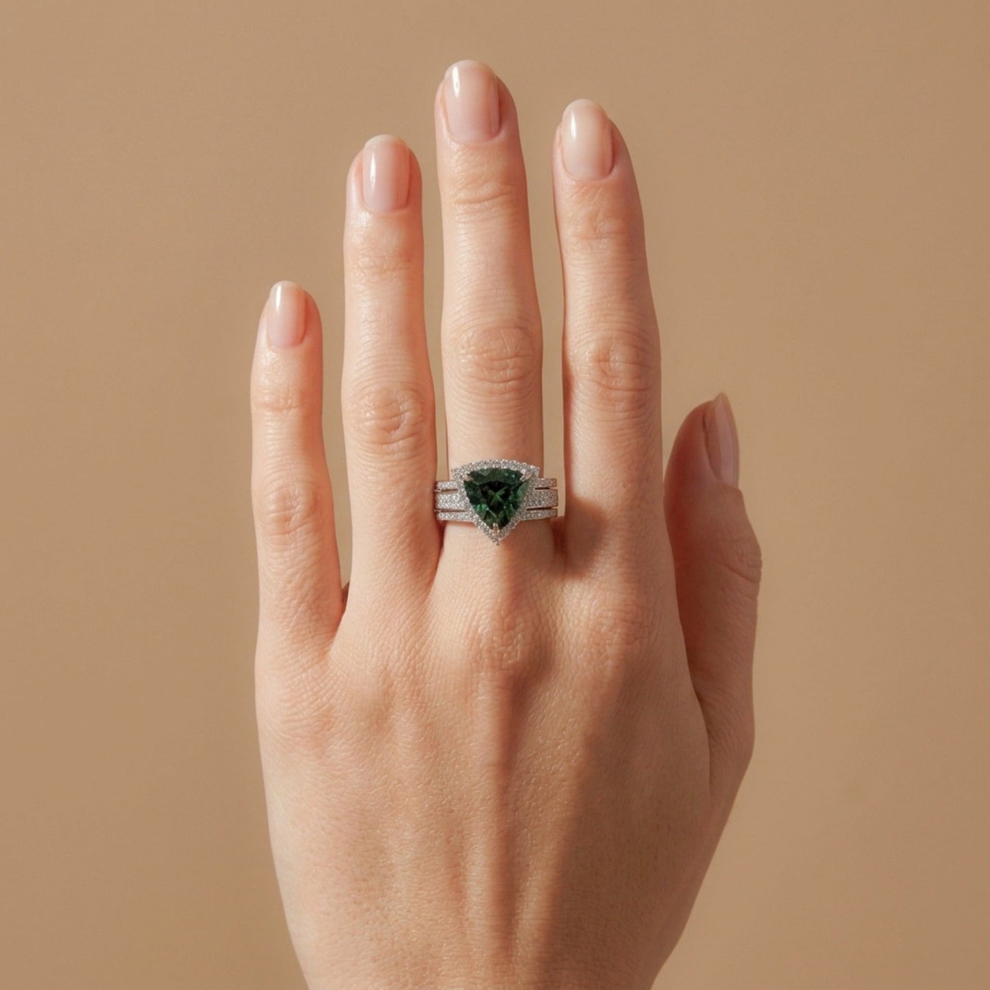 14K 4.80ct Trilliant Unheated Green Sapphire 1.16cttw VS White Diamonds Ring